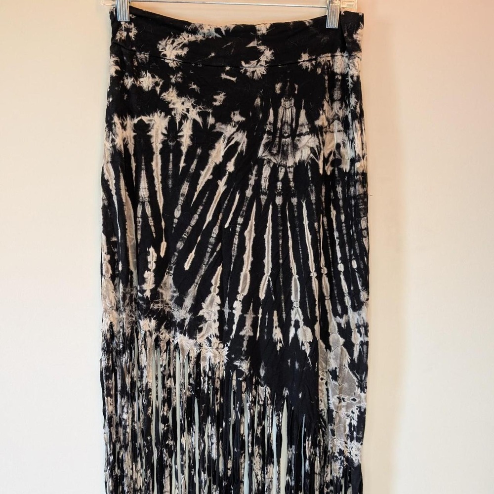 Bold Black & White tie-dye maxi skirt with fringe boho festival Asymmetrical
